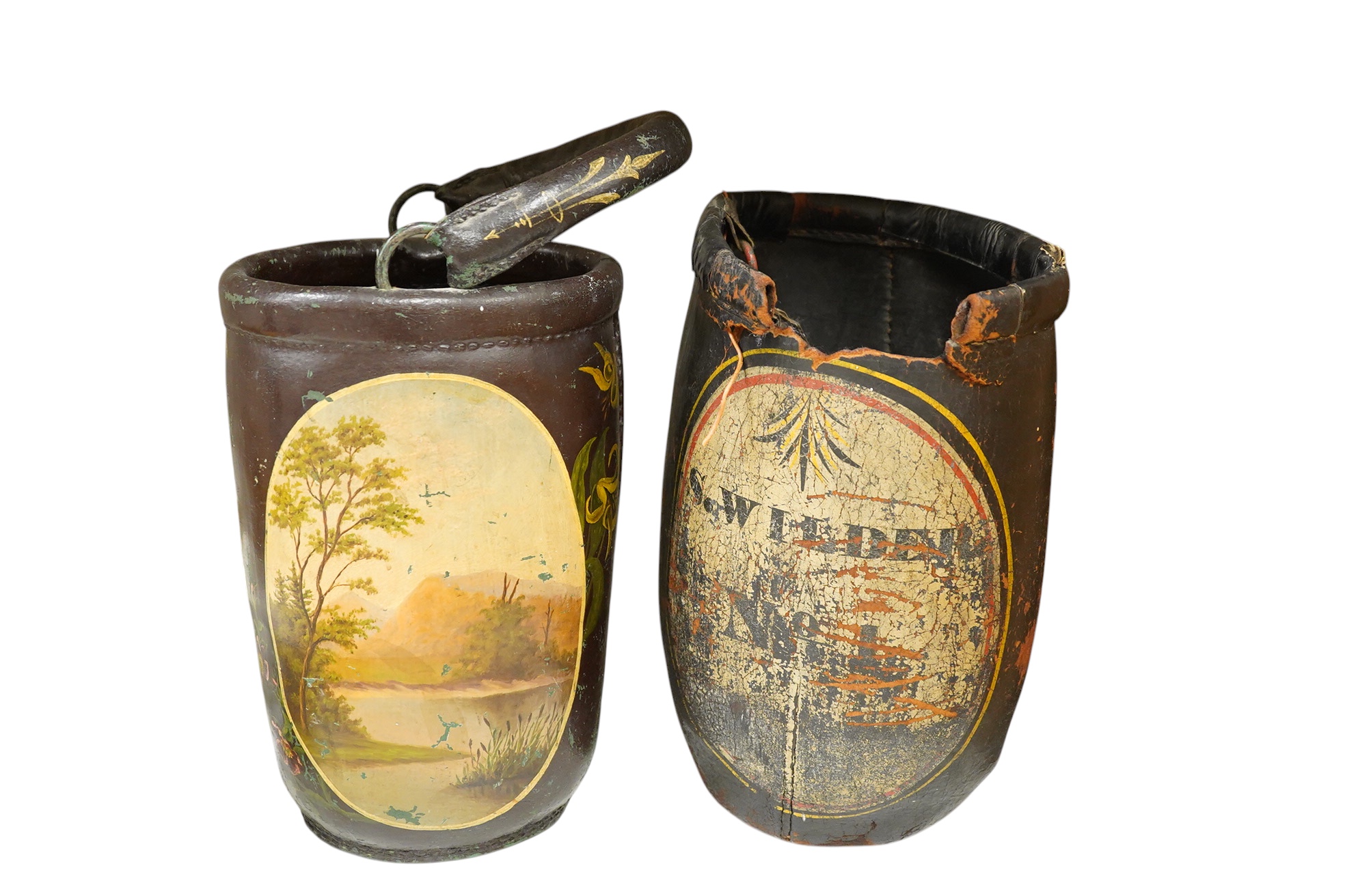 Two leather shot buckets, one with landscape cartouche, the other an advertising cartouche, 30cm high